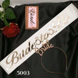 Metal Bride Taç & Kuşak Set – Beyaz & Rose Gold