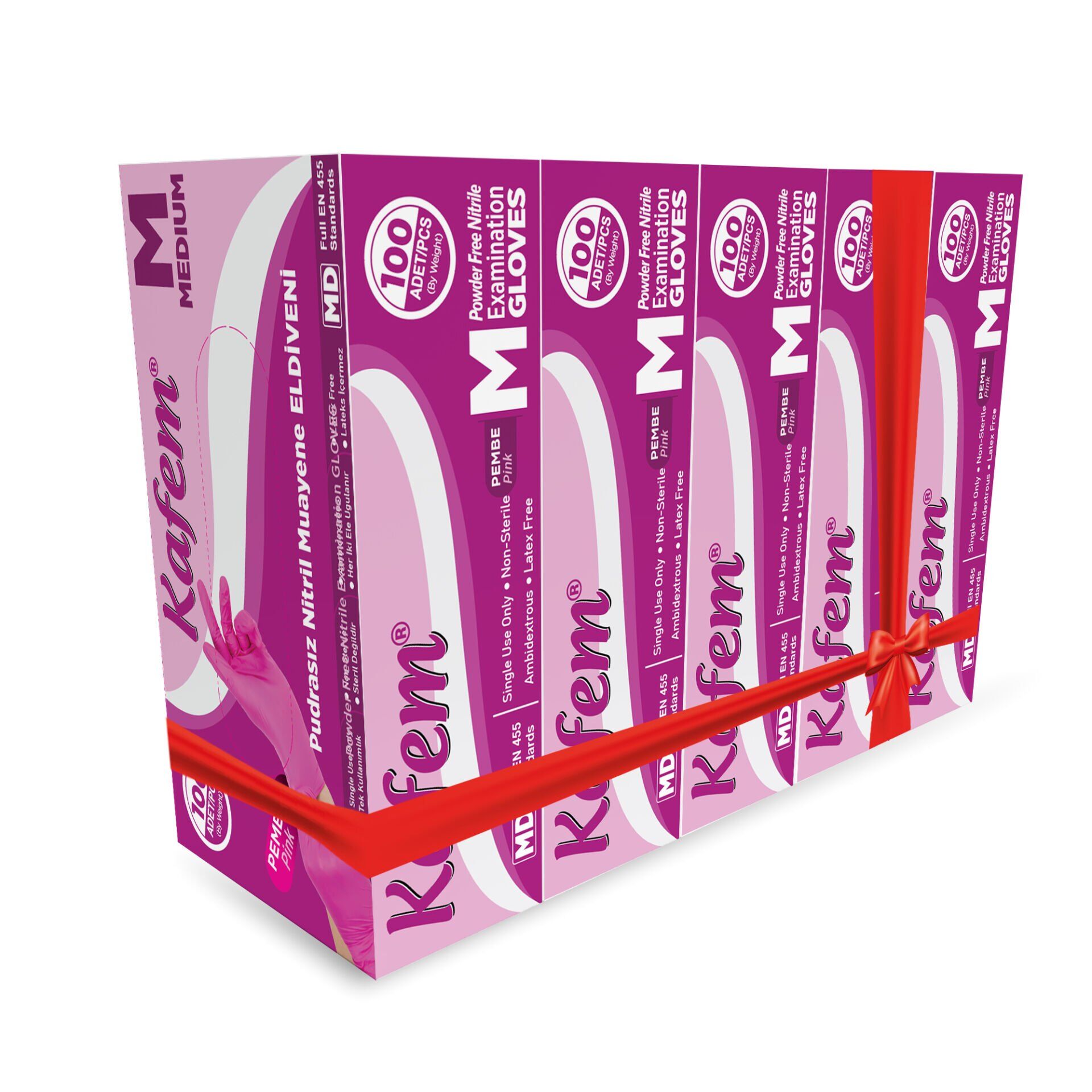 Kafem Pembe Nitril Eldiven Pudrasız (M) 100 Lü X 5 Paket