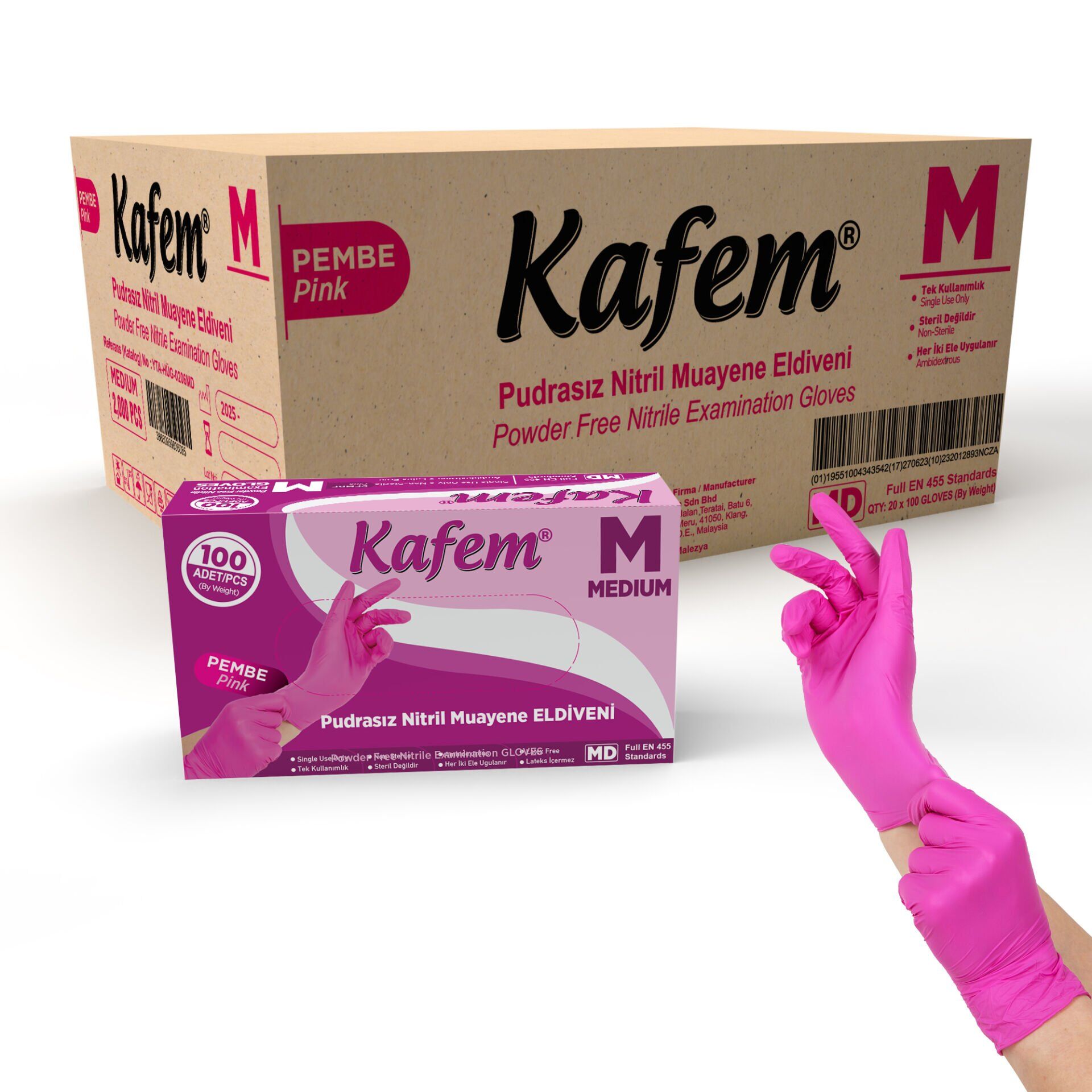 Kafem Pembe Nitril Eldiven Pudrasız (M) 100 Lü X 20 Paket (Koli)
