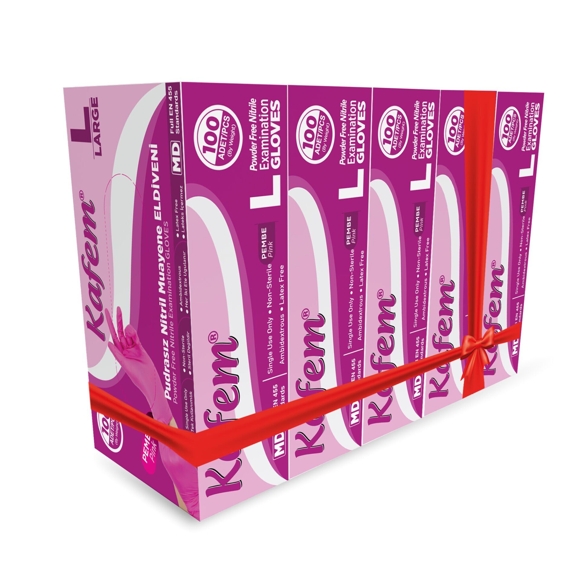 Kafem Pembe Nitril Eldiven Pudrasız (L) 100 Lü X 5 Paket