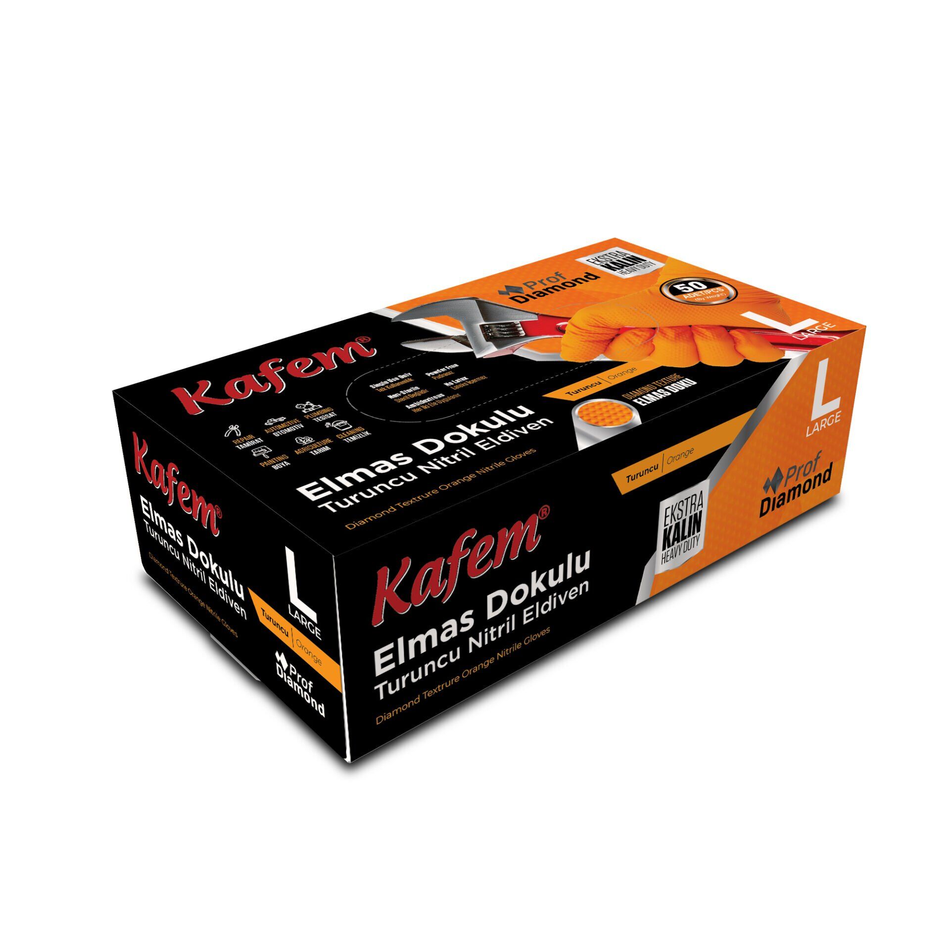 Kafem Prof Dia Ekstra Kalın Turuncu Nitril Eldiven Elmas Dokulu XL 50 Adet