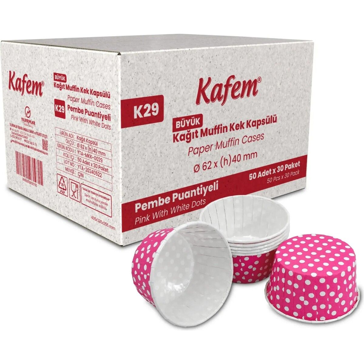 Kafem Muffin Kek Kapsülü Pembe Puantiye Büyük Boy 50li X 30 Paket (Koli)