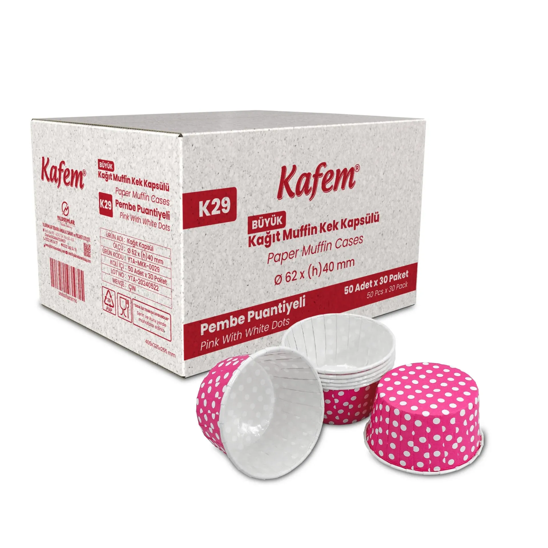 Kafem Muffin Kek Kapsülü Pembe Puantiye Büyük Boy 50li X 30 Paket (Koli)