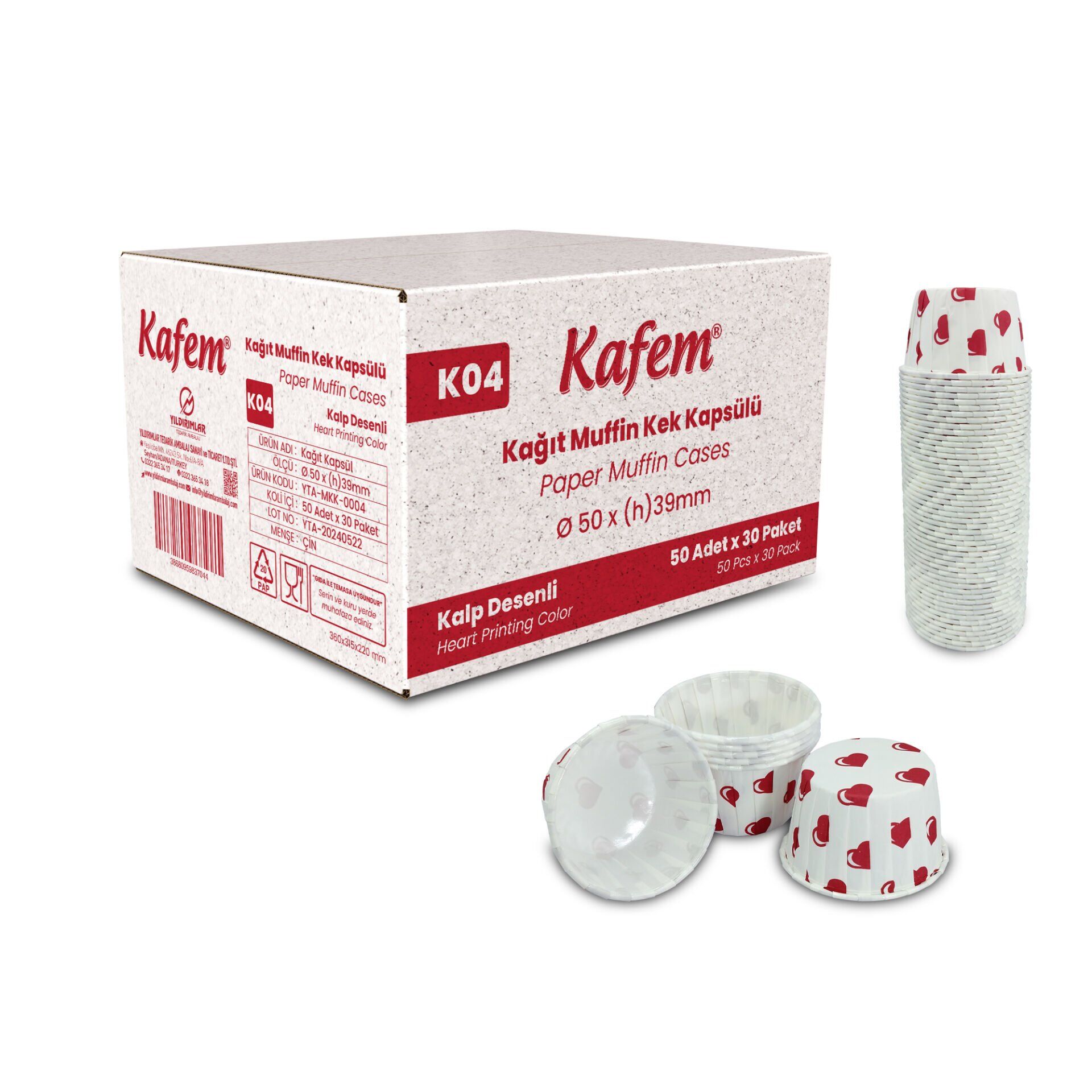 Kafem Kalp Puantiyeli Muffin Kek Kapsülü 50li X 30 Paket (Koli)