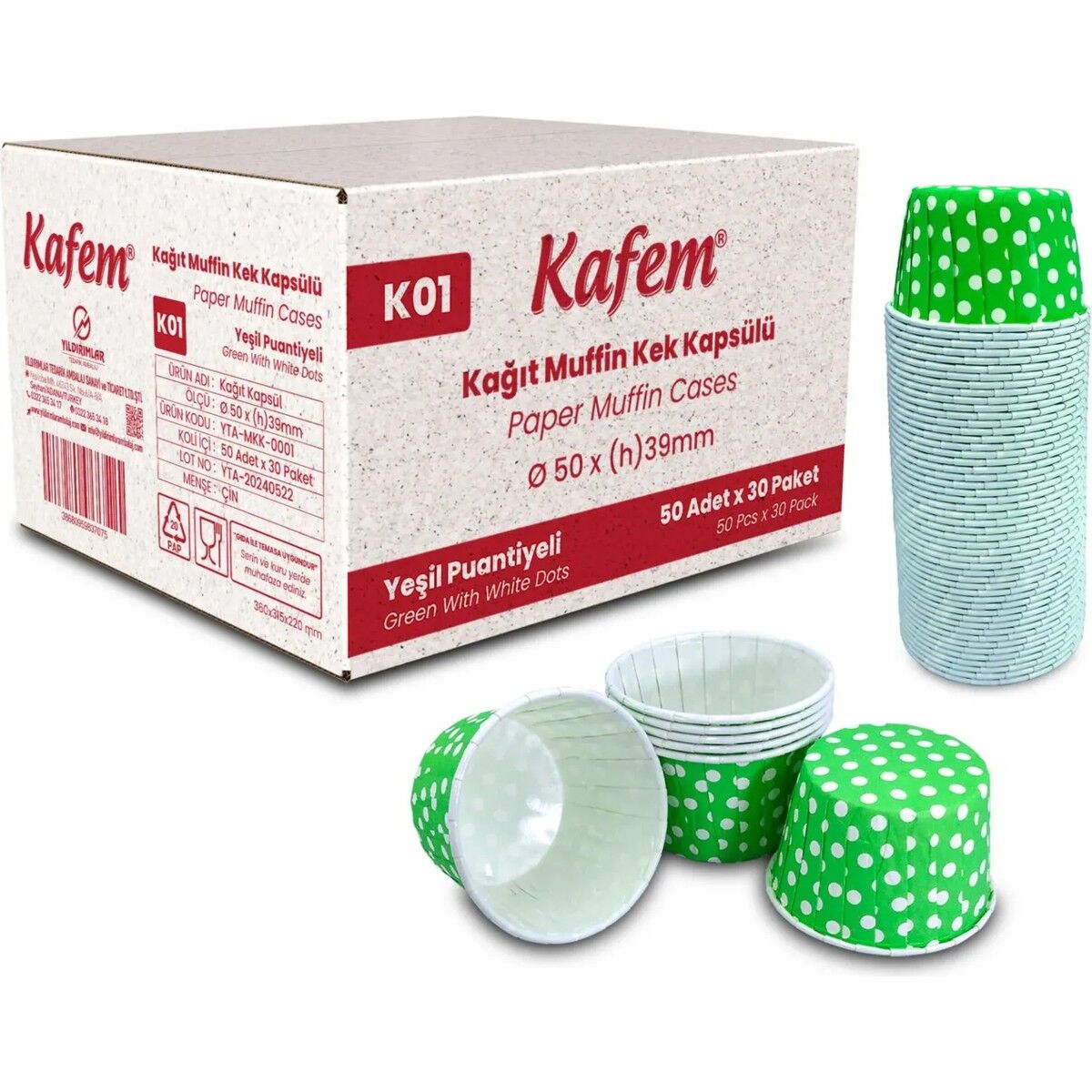 Kafem Yeşil Puantiyeli Muffin Kek Kapsülü 50li X 30 Paket (Koli)