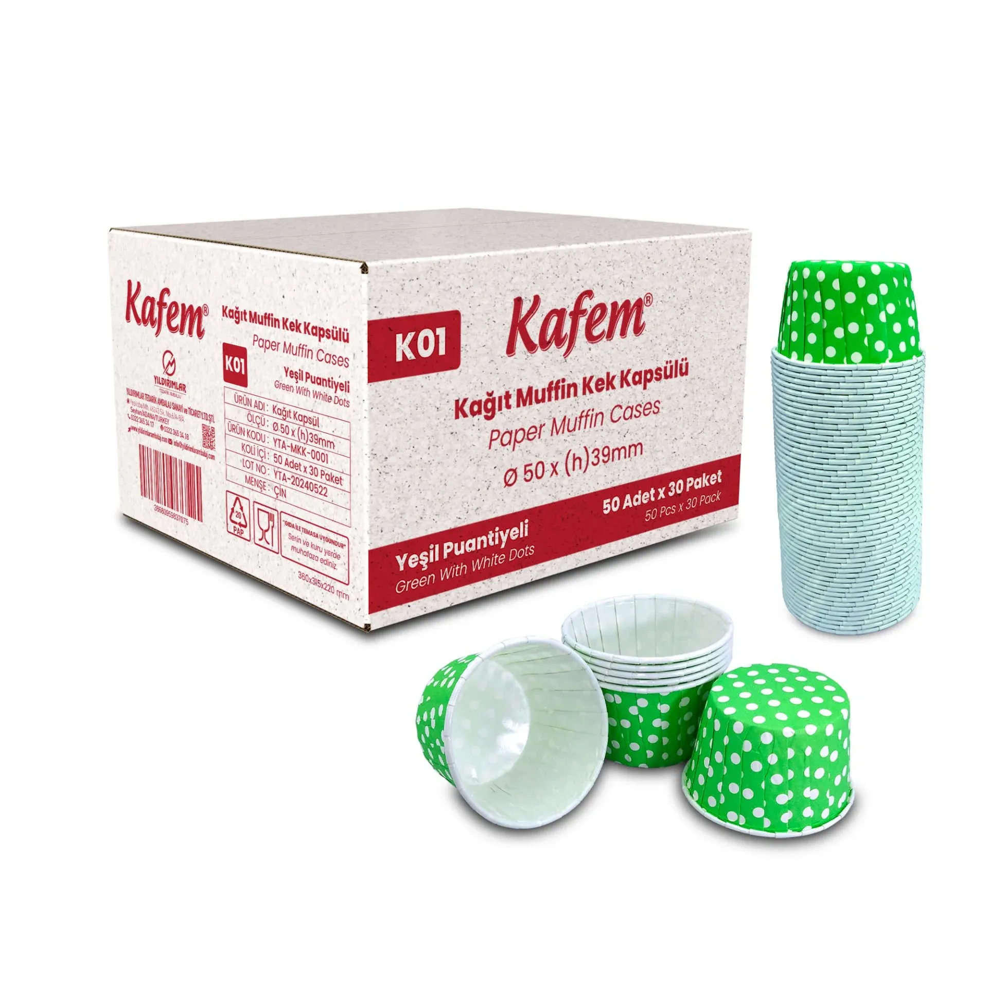 Kafem Yeşil Puantiyeli Muffin Kek Kapsülü 50li X 30 Paket (Koli)