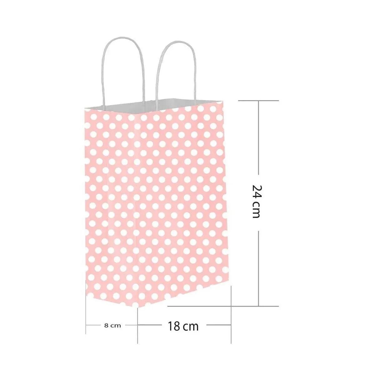 Pembe Puantiyeli Hediyelik Küçük Boy Kağıt Çanta 18x24x8cm 25 Adet