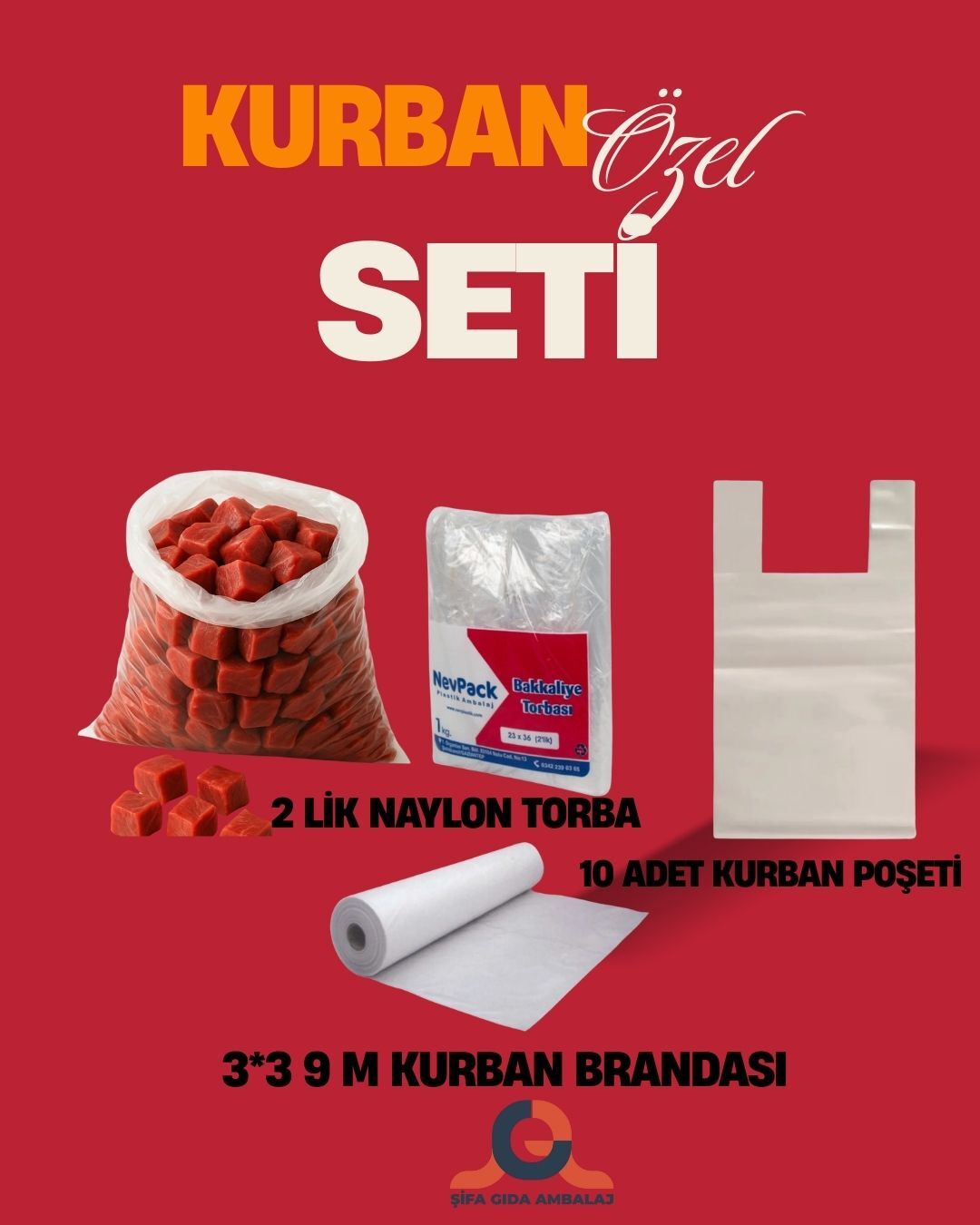Kurban Ambalaj Seti (3*3 Branda- 2 lik Naylon Torba - 10 Adet Kurban Poşeti)